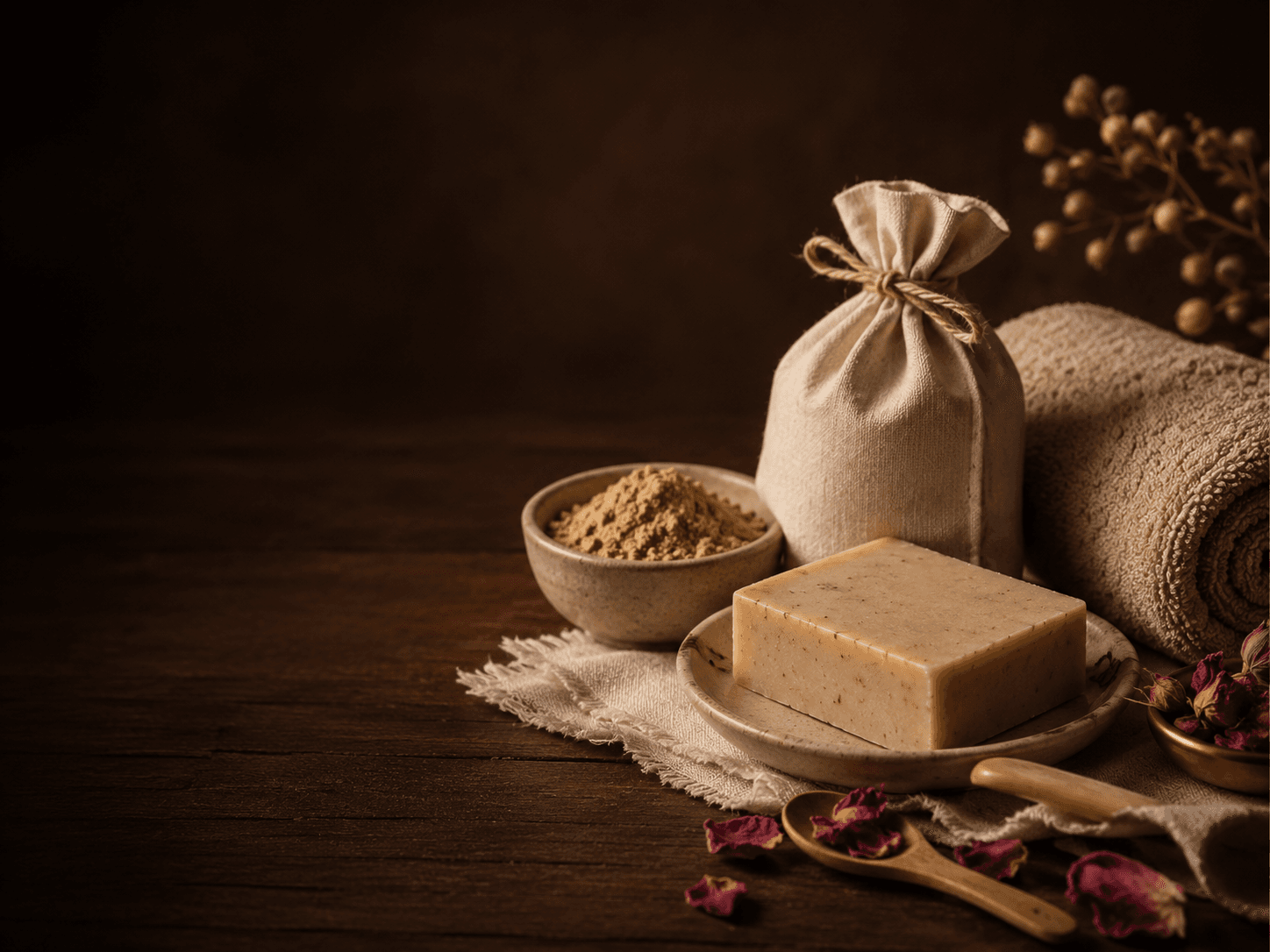 Bath and skincare essentials arranged on a linen surface